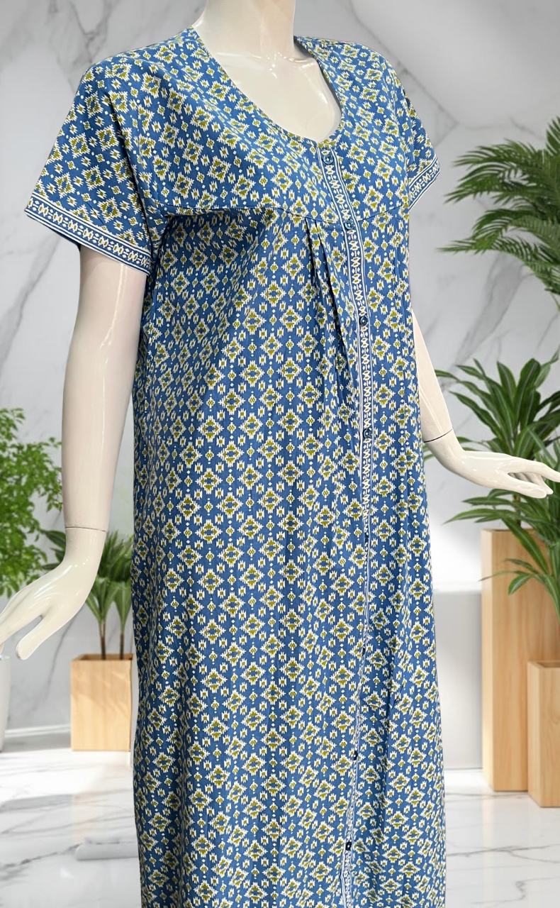 Blue Abstract Full Open Pure Cotton Nighty. Pure Cotton | Laces and Frills