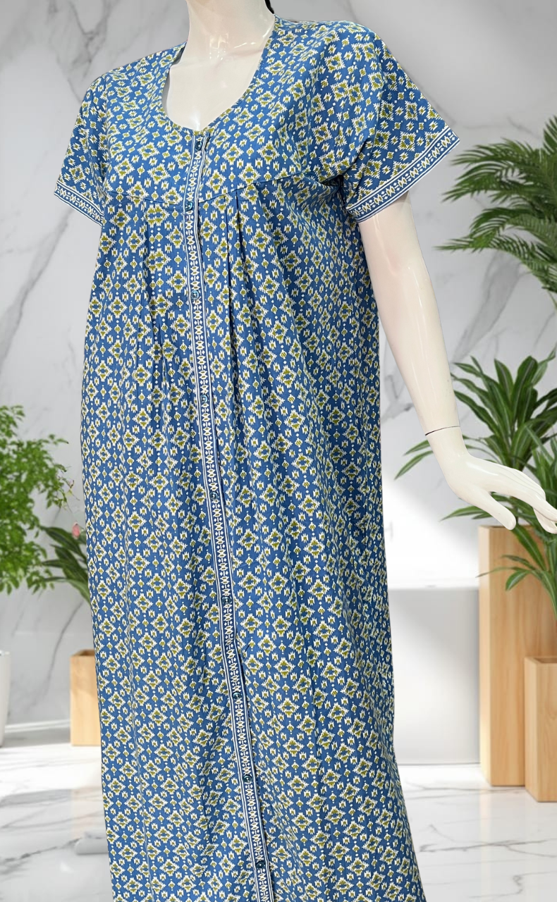 Blue Abstract Full Open Pure Cotton Nighty. Pure Cotton | Laces and Frills
