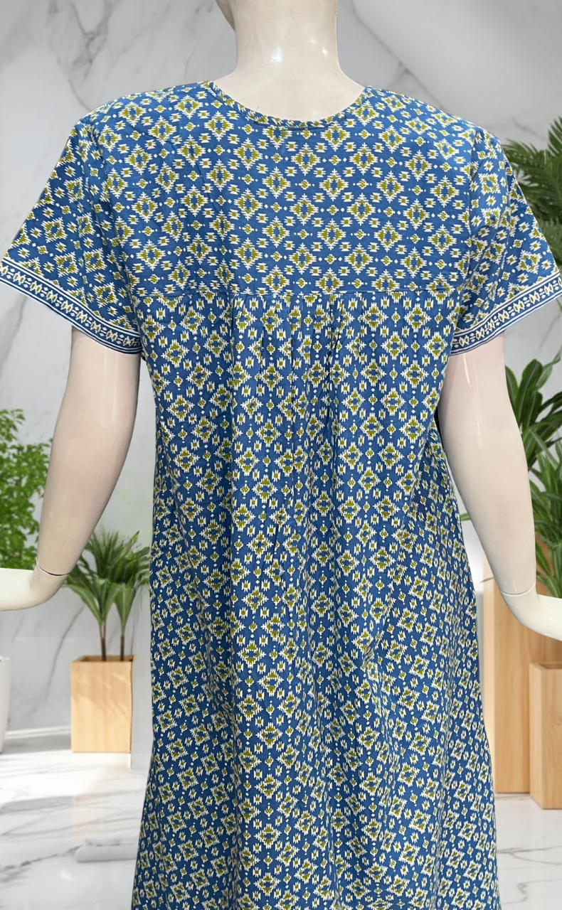 Blue Abstract Full Open Pure Cotton Nighty. Pure Cotton | Laces and Frills