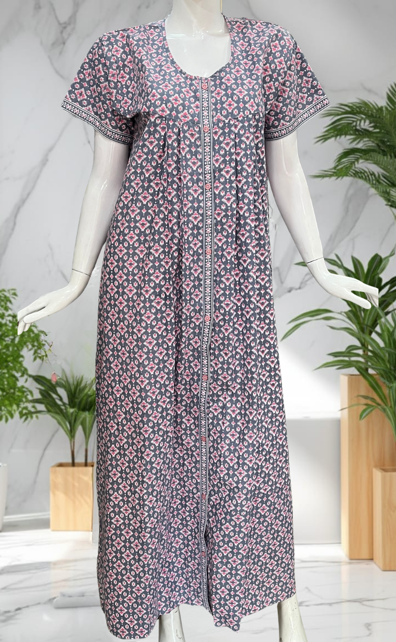 Grey Abstract Full Open Pure Cotton Nighty. Pure Cotton | Laces and Frills
