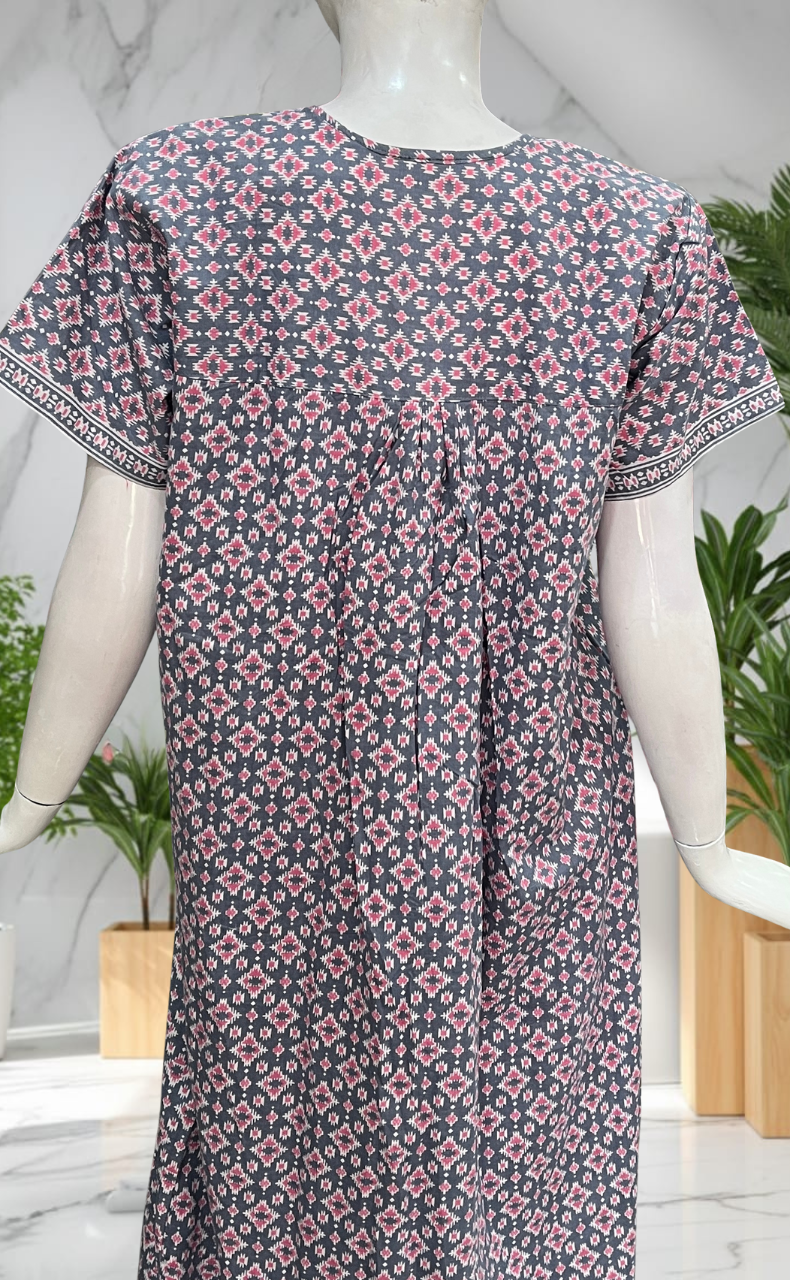 Grey Abstract Full Open Pure Cotton Nighty. Pure Cotton | Laces and Frills