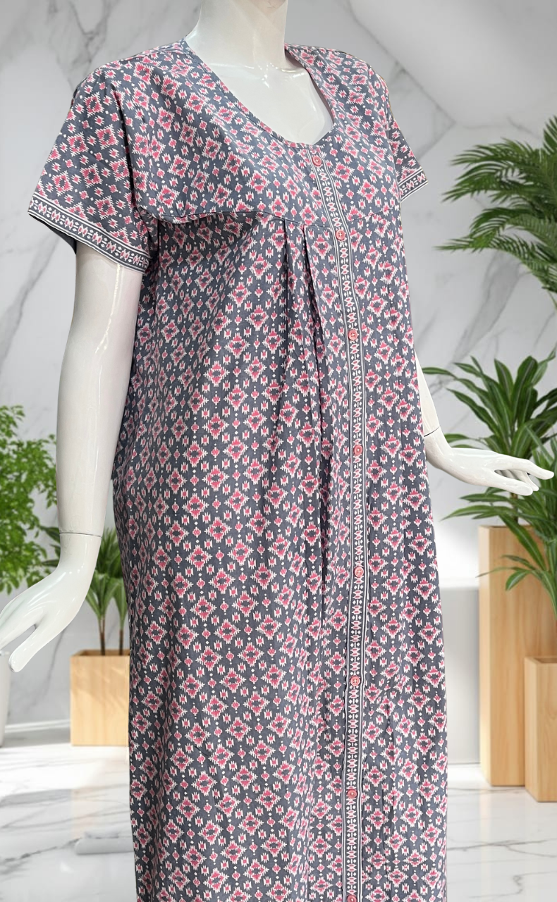 Grey Abstract Full Open Pure Cotton Nighty. Pure Cotton | Laces and Frills