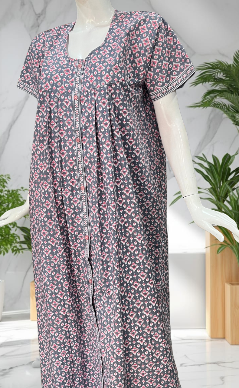 Grey Abstract Full Open Pure Cotton Nighty. Pure Cotton | Laces and Frills