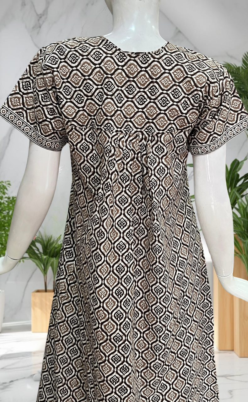 Brown Abstract Full Open Pure Cotton Nighty. Pure Cotton | Laces and Frills