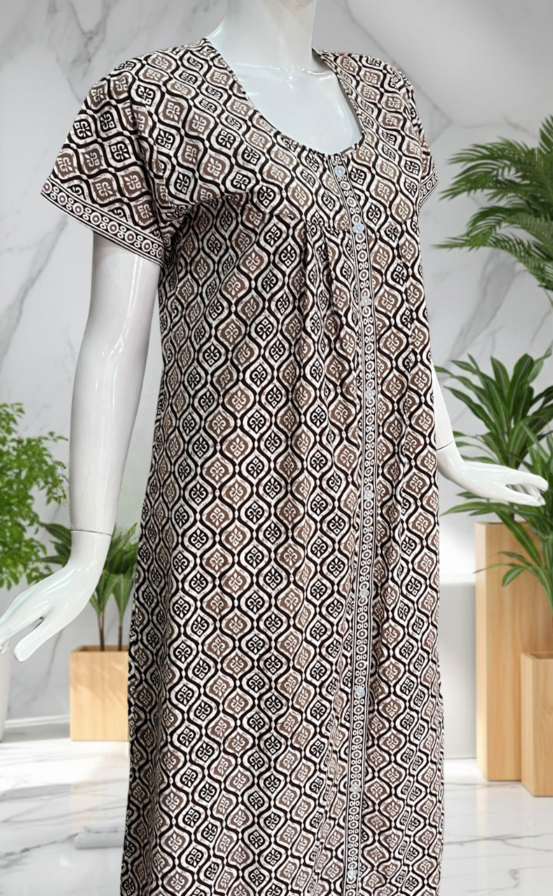 Brown Abstract Full Open Pure Cotton Nighty. Pure Cotton | Laces and Frills
