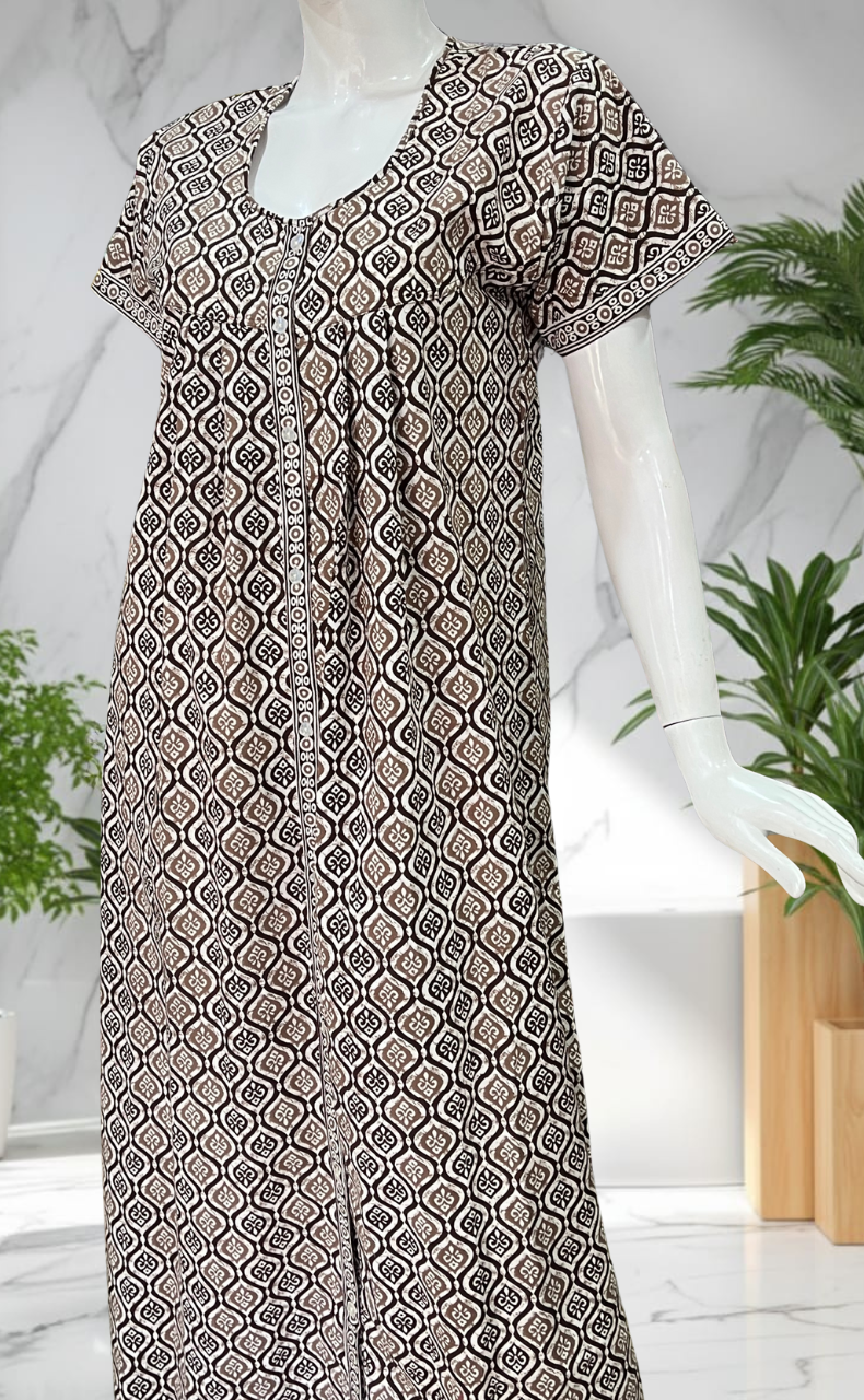 Brown Abstract Full Open Pure Cotton Nighty. Pure Cotton | Laces and Frills