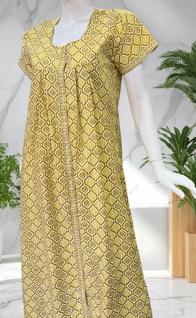 Lime Green Abstract Full Open Pure Cotton Nighty. Pure Cotton | Laces and Frills