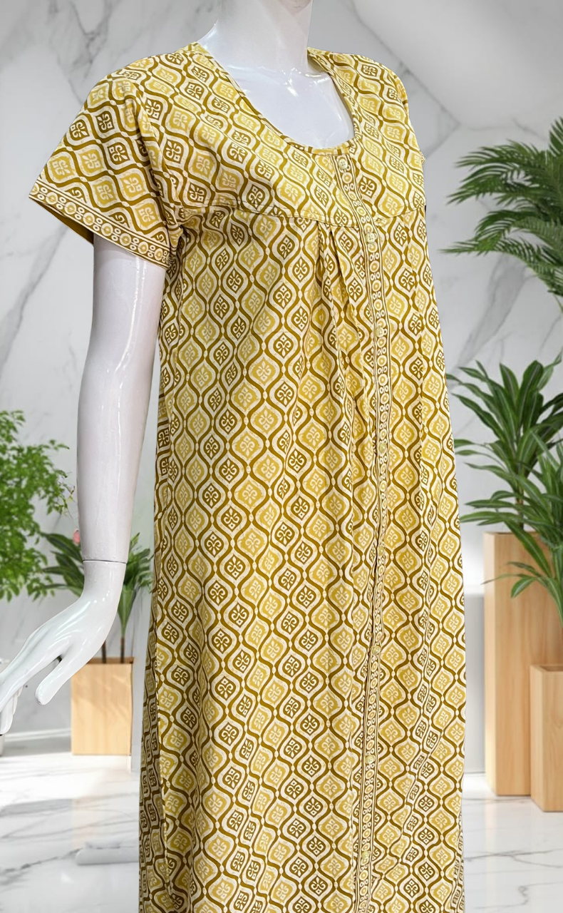 Lime Green Abstract Full Open Pure Cotton Nighty. Pure Cotton | Laces and Frills