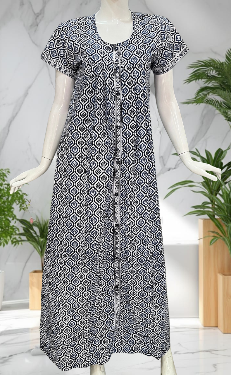 Navy Blue Abstract Full Open Pure Cotton Nighty. Pure Cotton | Laces and Frills