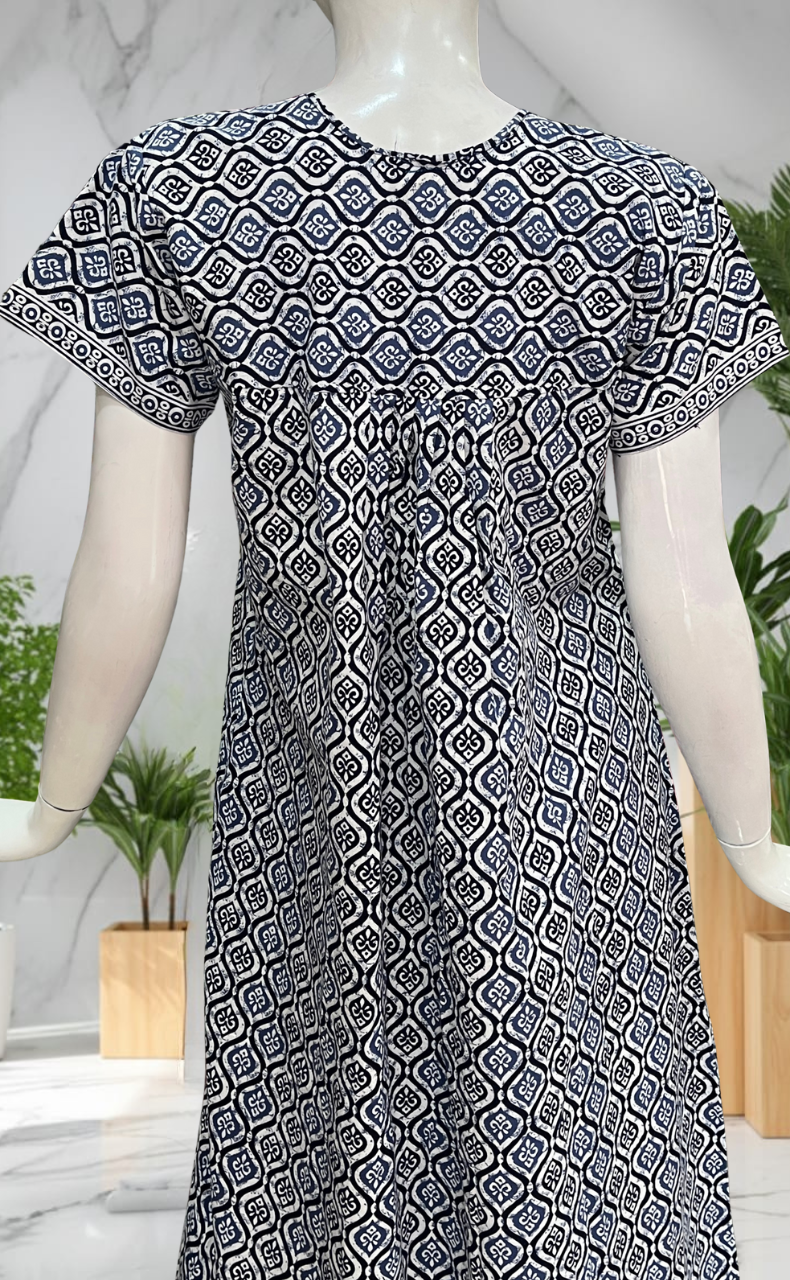 Navy Blue Abstract Full Open Pure Cotton Nighty. Pure Cotton | Laces and Frills