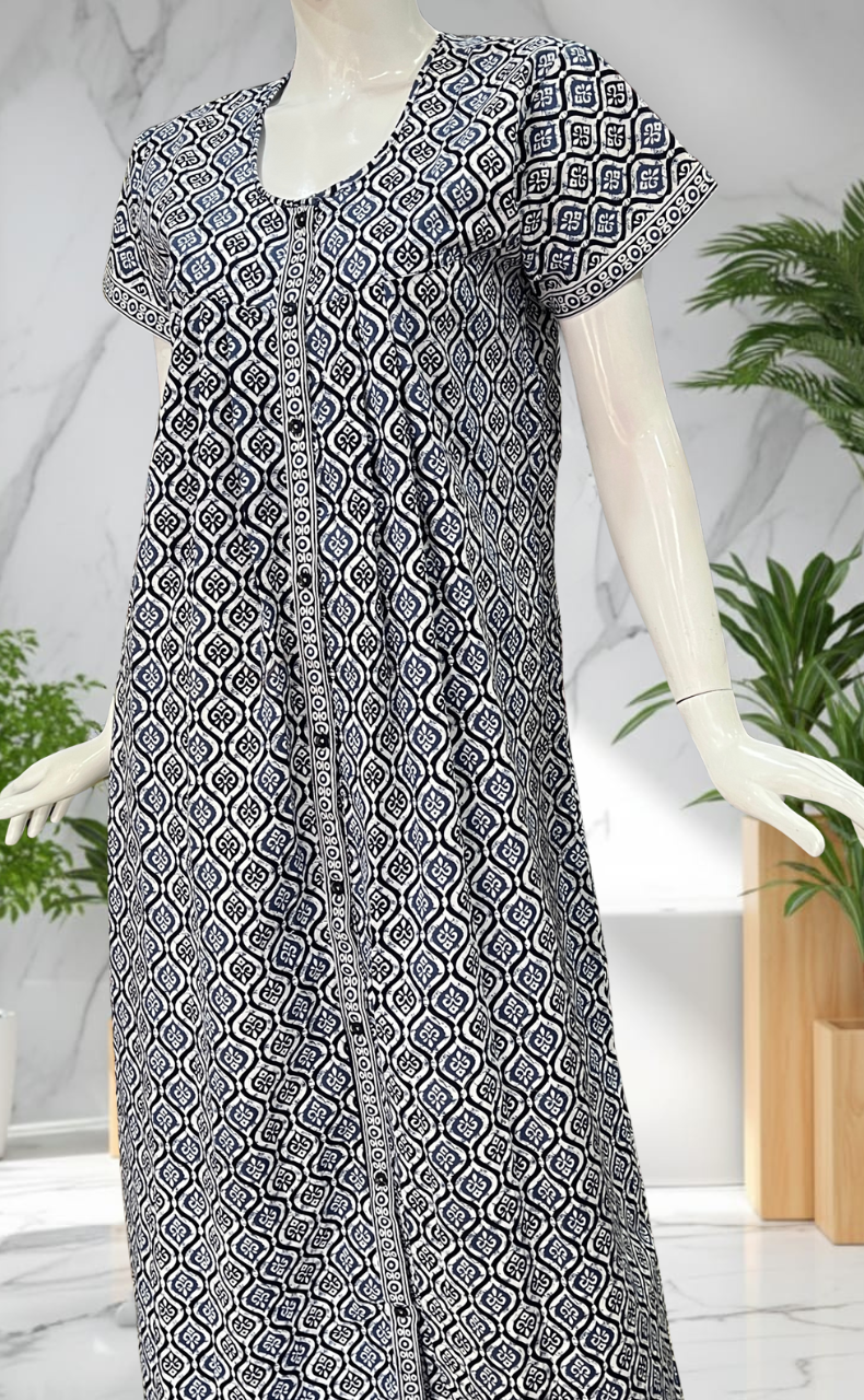Navy Blue Abstract Full Open Pure Cotton Nighty. Pure Cotton | Laces and Frills