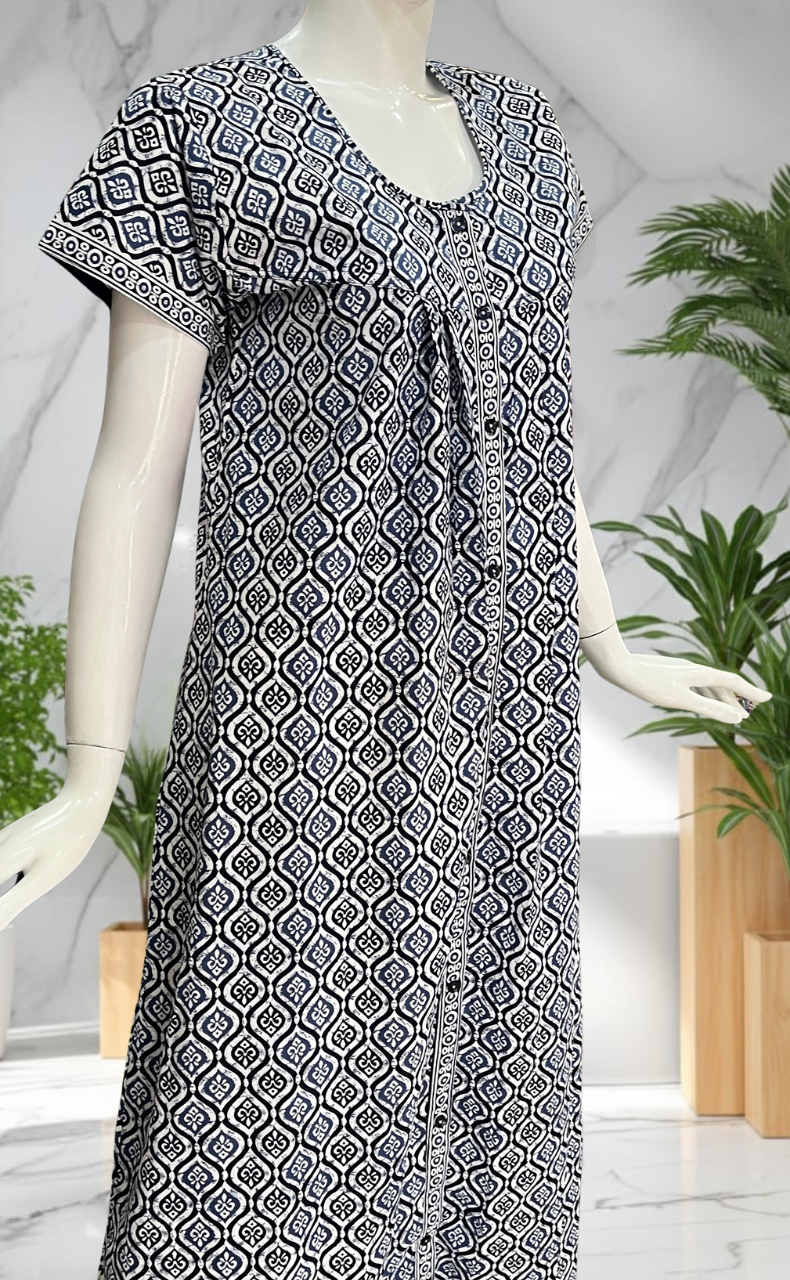 Navy Blue Abstract Full Open Pure Cotton Nighty. Pure Cotton | Laces and Frills