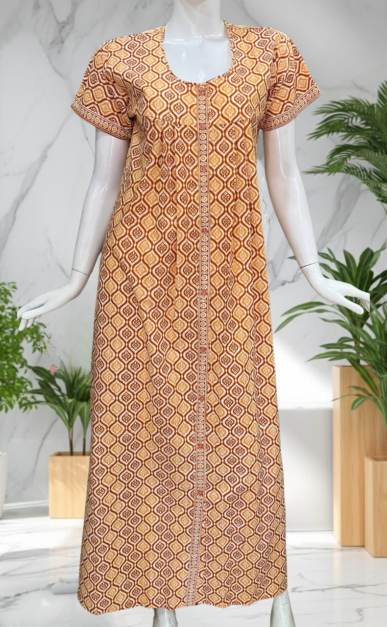 Yellow Abstract Full Open Pure Cotton Nighty. Pure Cotton | Laces and Frills