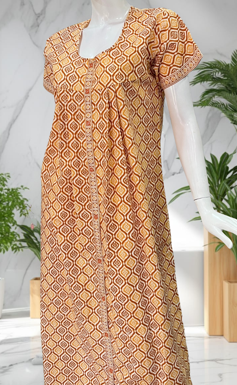 Yellow Abstract Full Open Pure Cotton Nighty. Pure Cotton | Laces and Frills