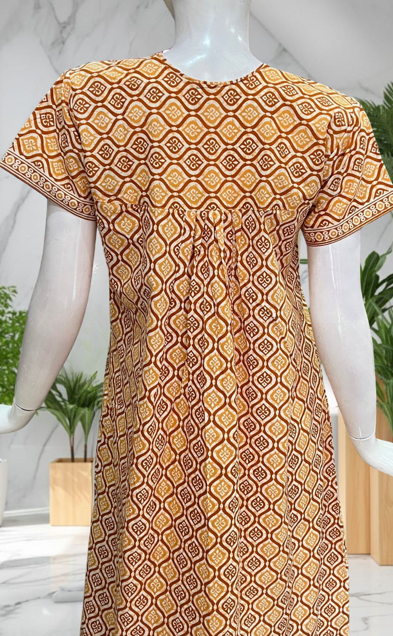 Yellow Abstract Full Open Pure Cotton Nighty. Pure Cotton | Laces and Frills