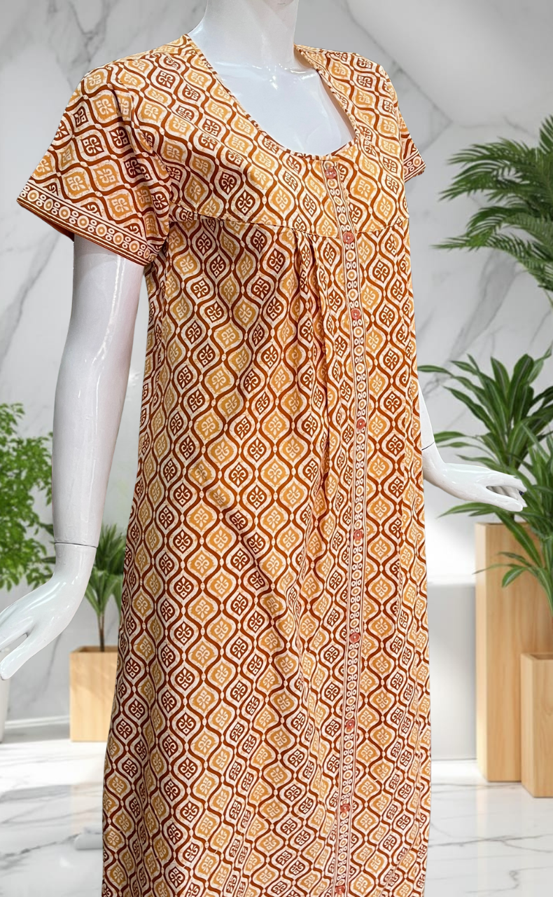 Yellow Abstract Full Open Pure Cotton Nighty. Pure Cotton | Laces and Frills