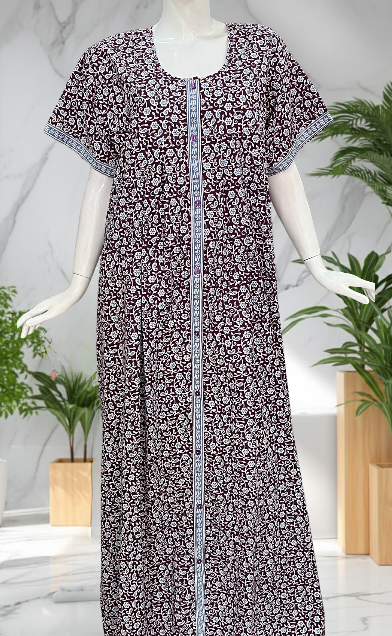 Wine Purple Garden Full Open Pure Cotton Nighty. Pure Cotton | Laces and Frills