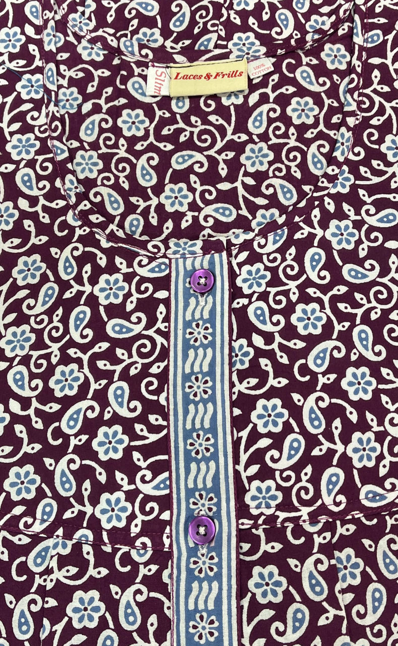 Wine Purple Garden Full Open Pure Cotton Nighty. Pure Cotton | Laces and Frills