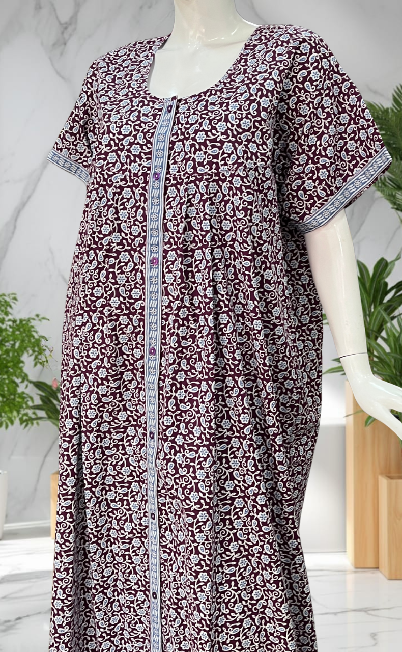 Wine Purple Garden Full Open Pure Cotton Nighty. Pure Cotton | Laces and Frills