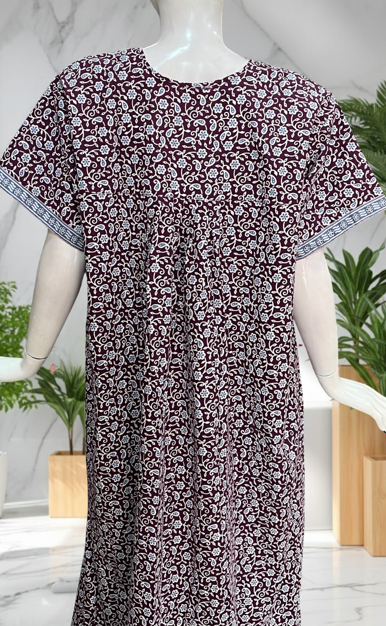 Wine Purple Garden Full Open Pure Cotton Nighty. Pure Cotton | Laces and Frills