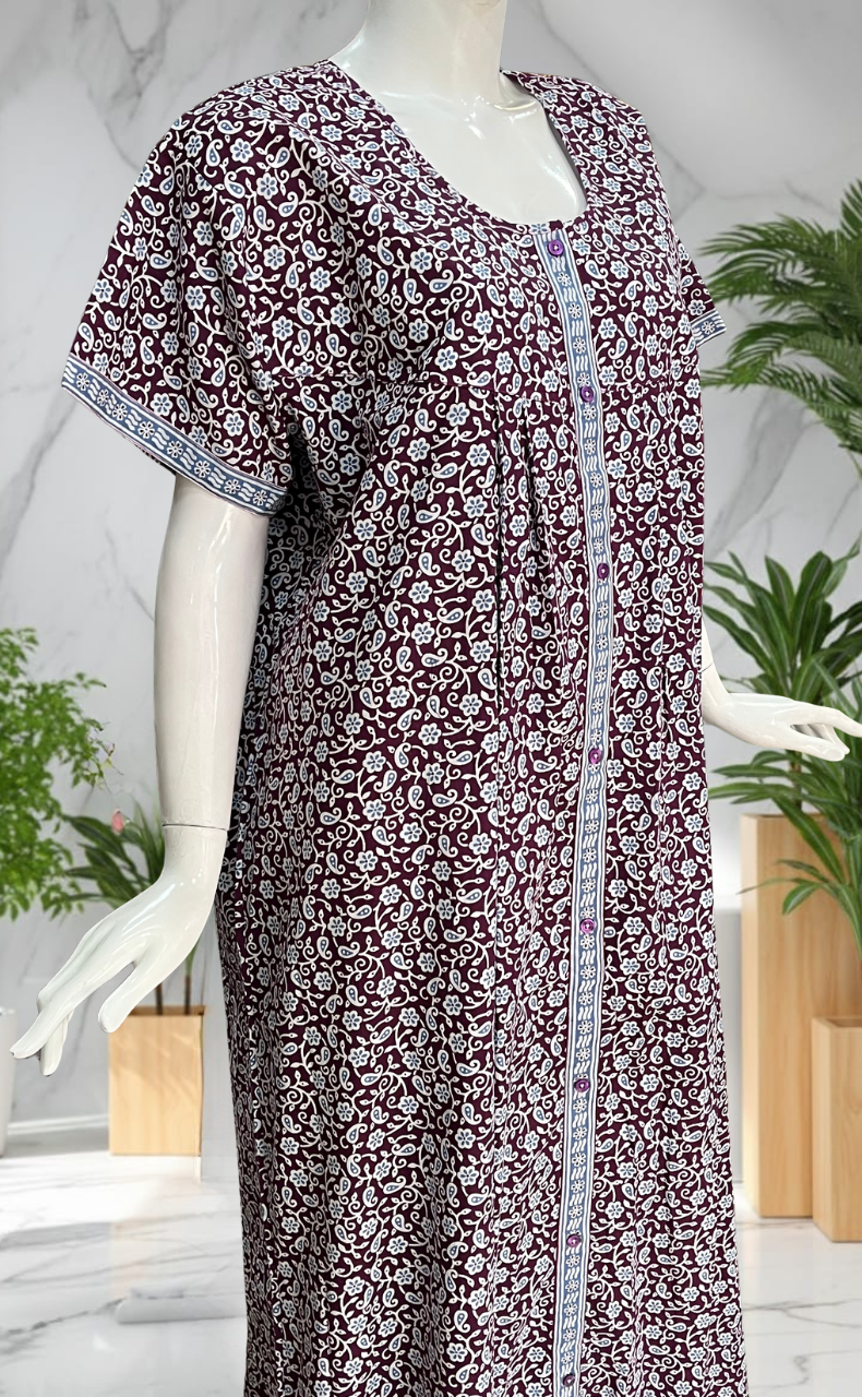 Wine Purple Garden Full Open Pure Cotton Nighty. Pure Cotton | Laces and Frills
