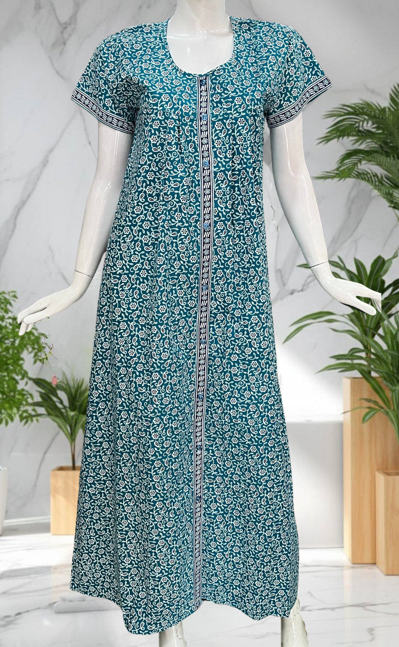 Sea Green Garden Full Open Pure Cotton Nighty. Pure Cotton | Laces and Frills
