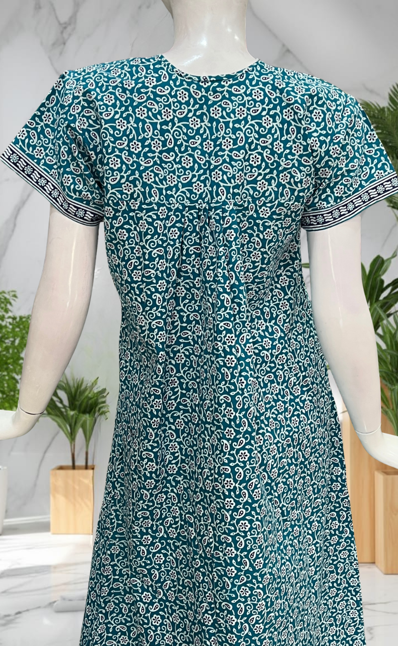 Sea Green Garden Full Open Pure Cotton Nighty. Pure Cotton | Laces and Frills