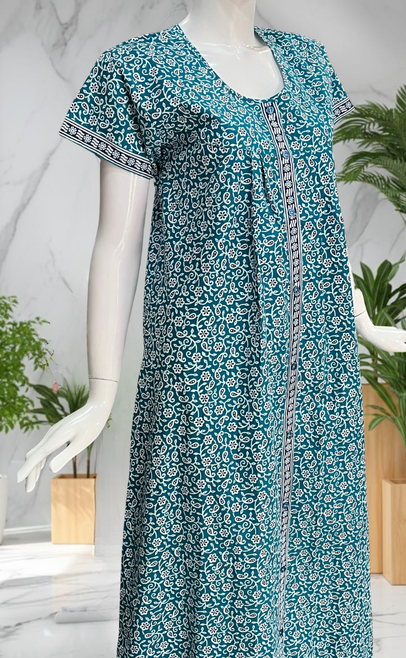Sea Green Garden Full Open Pure Cotton Nighty. Pure Cotton | Laces and Frills
