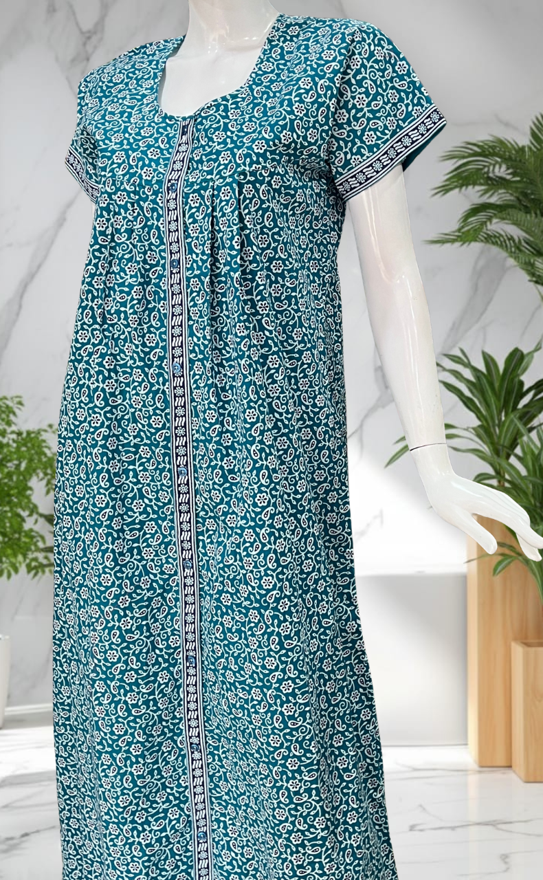 Sea Green Garden Full Open Pure Cotton Nighty. Pure Cotton | Laces and Frills