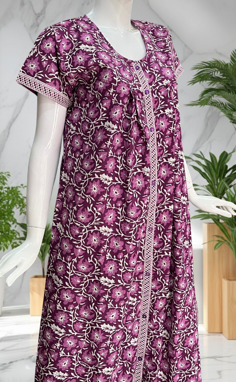 Purple Garden Full Open Pure Cotton Nighty. Pure Cotton | Laces and Frills