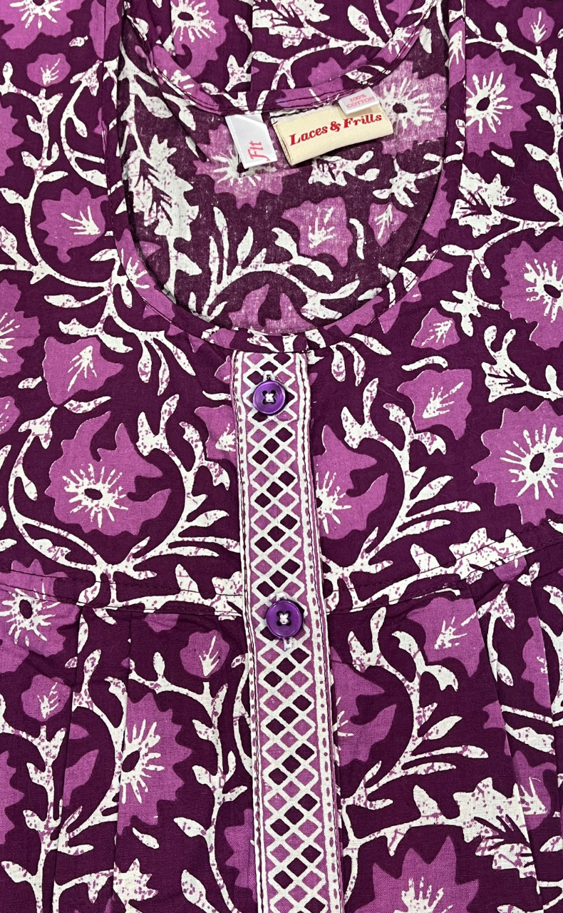 Purple Garden Full Open Pure Cotton Nighty. Pure Cotton | Laces and Frills