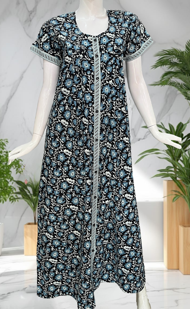 Black Garden Full Open Pure Cotton Nighty. Pure Cotton | Laces and Frills