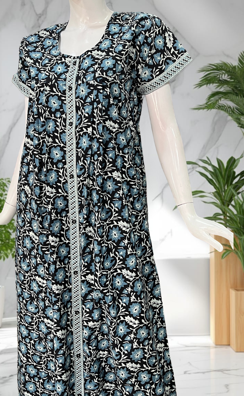 Black Garden Full Open Pure Cotton Nighty. Pure Cotton | Laces and Frills