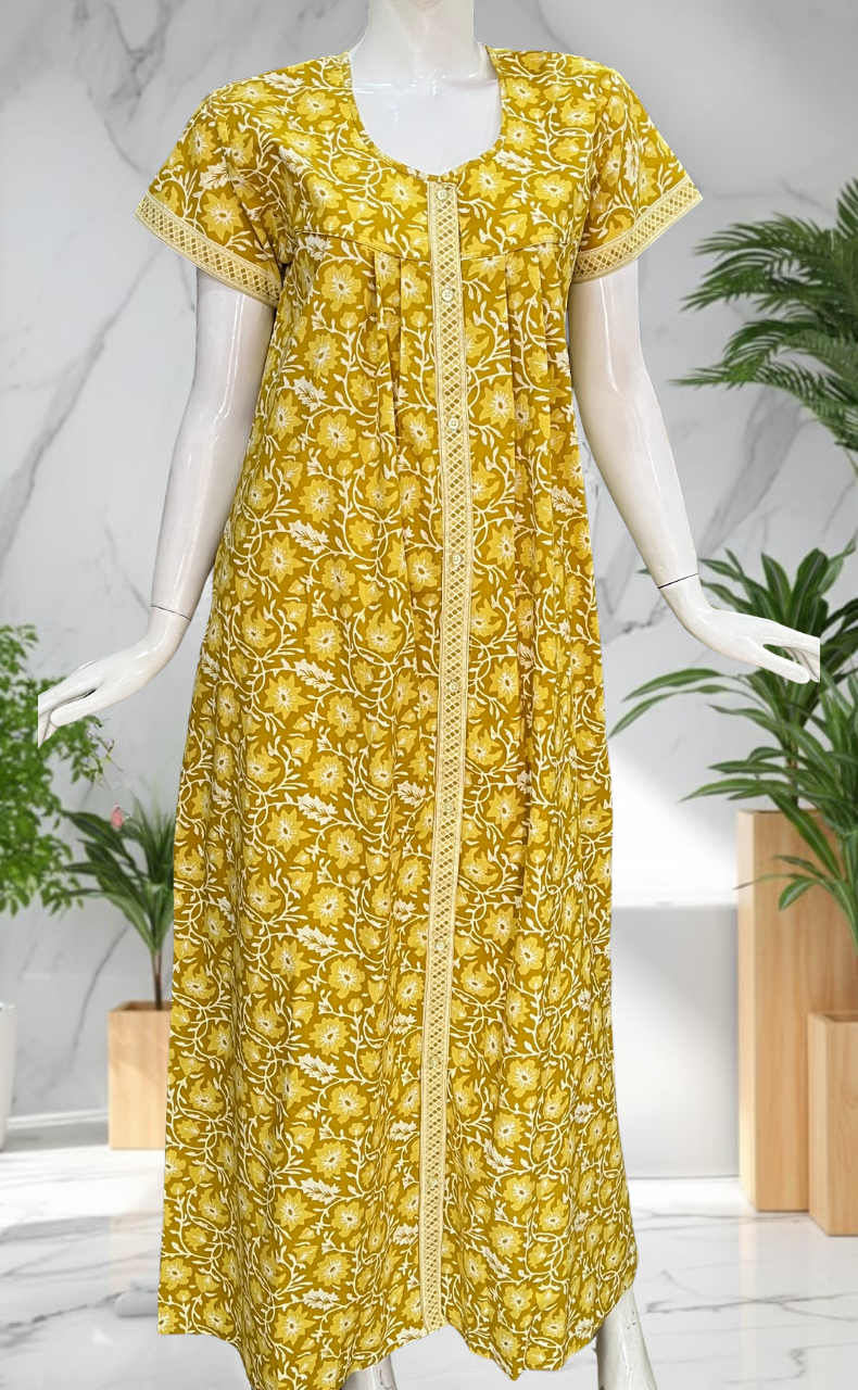 Yellow Garden Full Open Pure Cotton Nighty. Pure Cotton | Laces and Frills