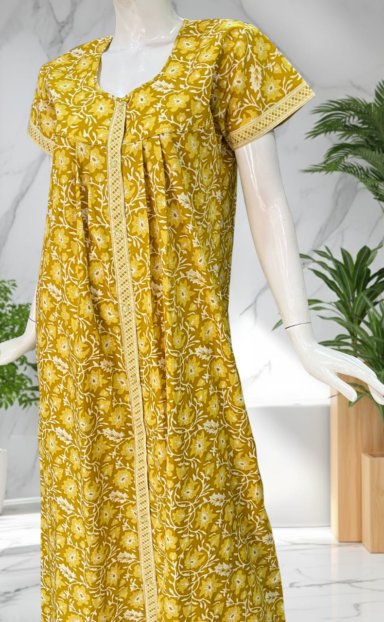 Yellow Garden Full Open Pure Cotton Nighty. Pure Cotton | Laces and Frills