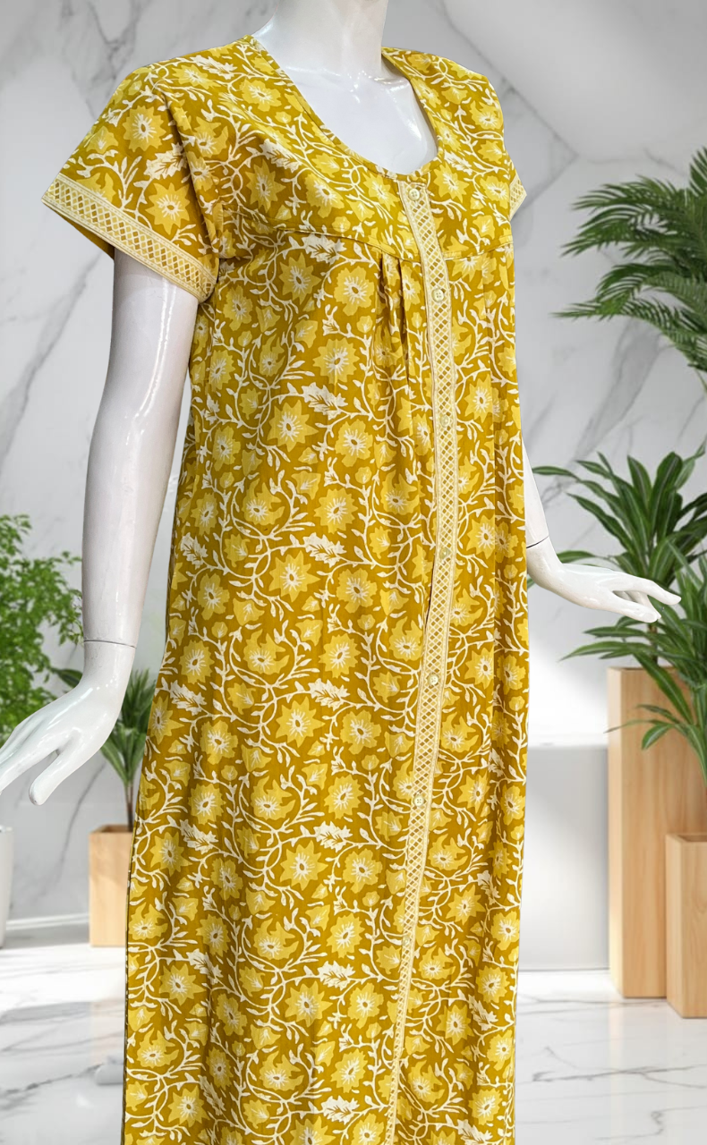 Yellow Garden Full Open Pure Cotton Nighty. Pure Cotton | Laces and Frills