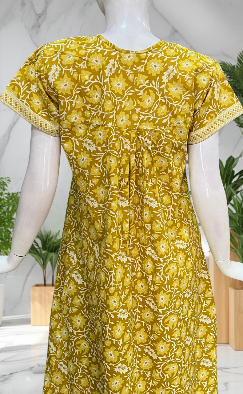 Yellow Garden Full Open Pure Cotton Nighty. Pure Cotton | Laces and Frills