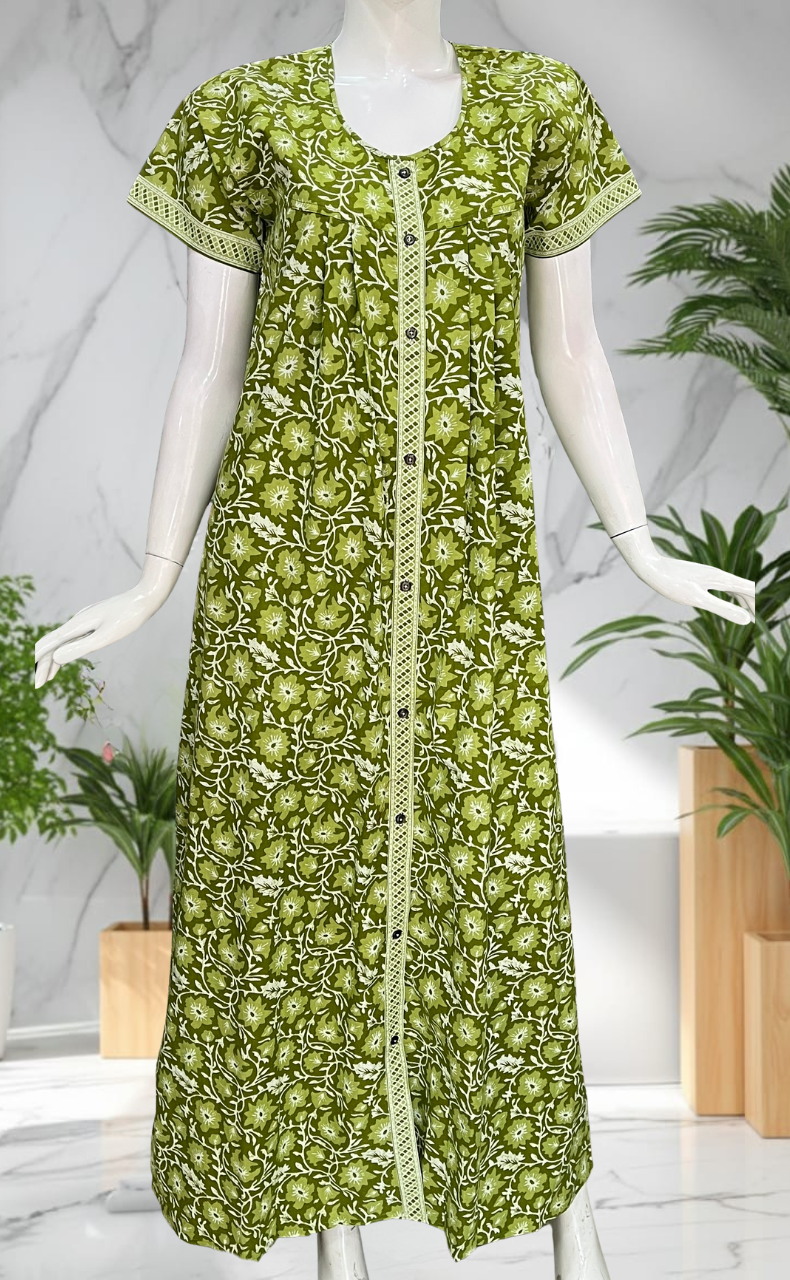 Green Garden Full Open Pure Cotton Nighty. Pure Cotton | Laces and Frills