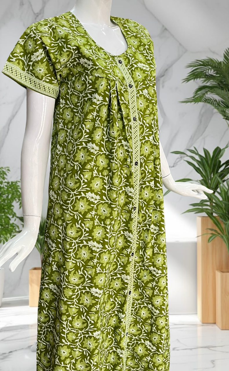 Green Garden Full Open Pure Cotton Nighty. Pure Cotton | Laces and Frills