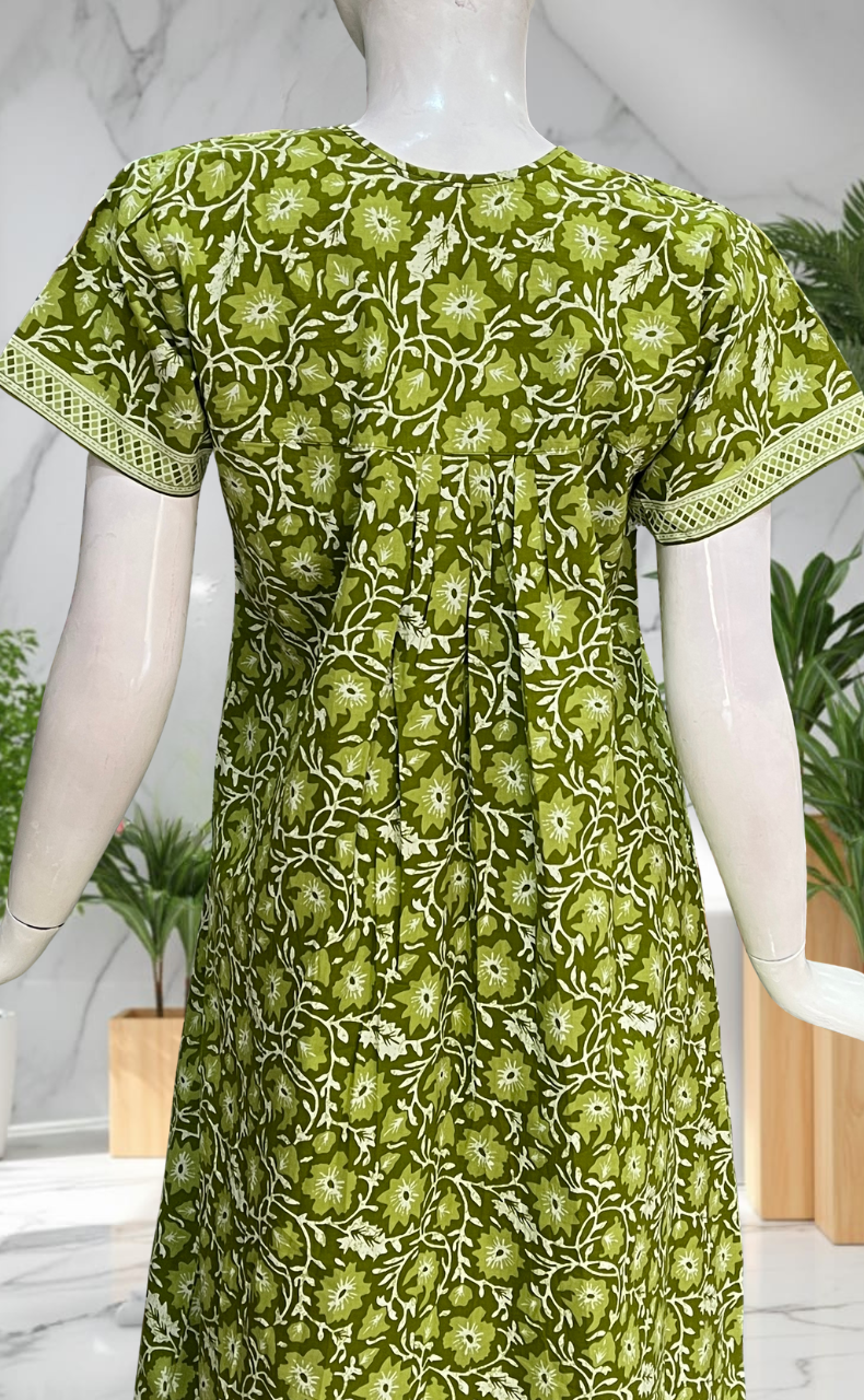 Green Garden Full Open Pure Cotton Nighty. Pure Cotton | Laces and Frills