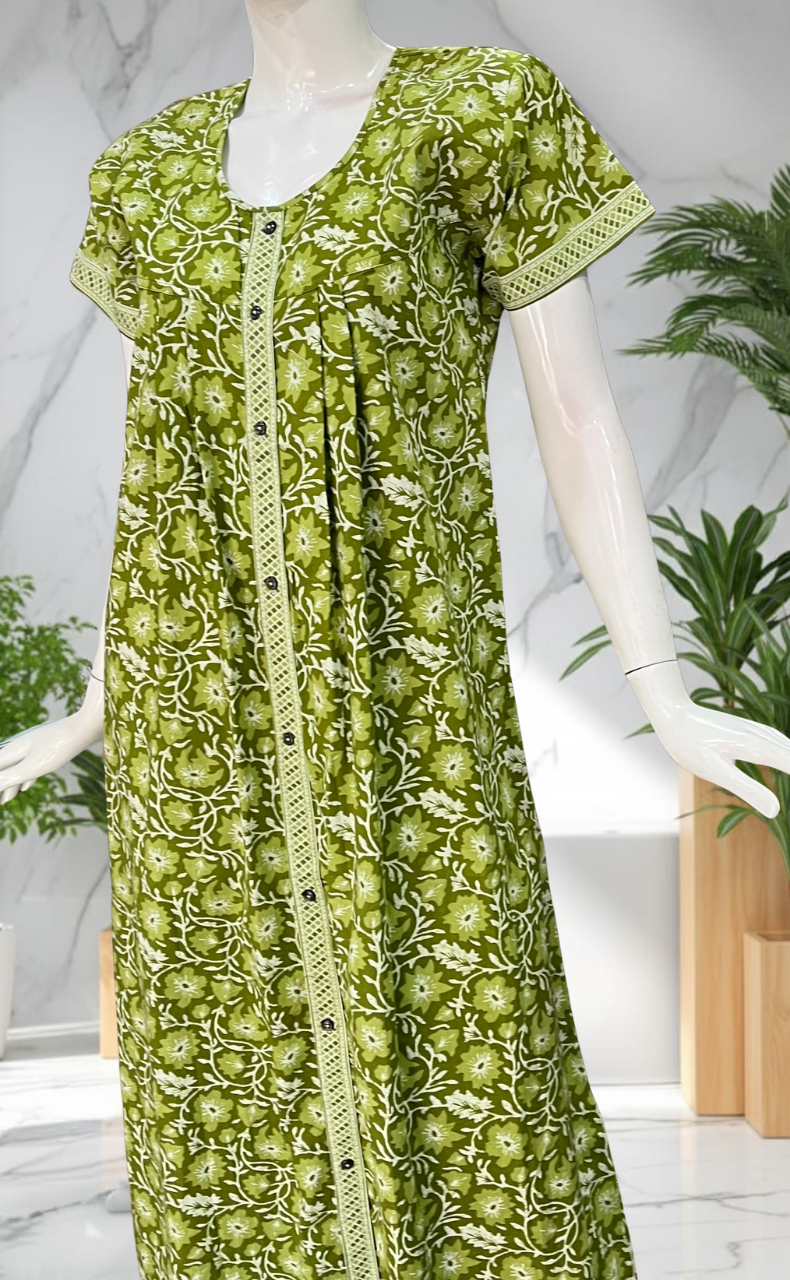 Green Garden Full Open Pure Cotton Nighty. Pure Cotton | Laces and Frills