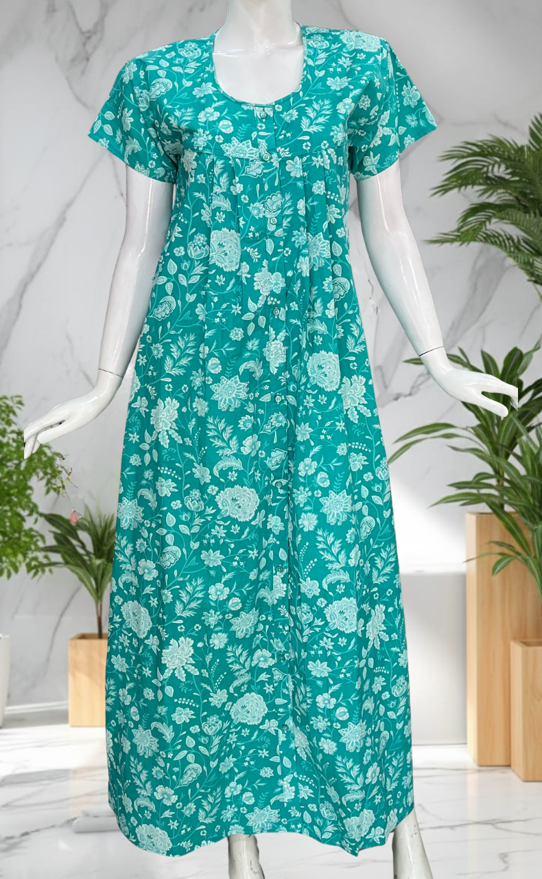 Sea Green Garden Full Open Pure Cotton Nighty. Pure Cotton | Laces and Frills