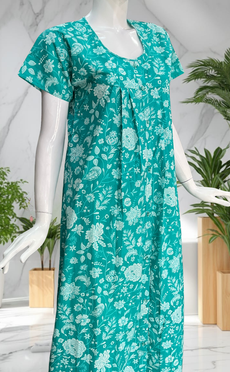 Sea Green Garden Full Open Pure Cotton Nighty. Pure Cotton | Laces and Frills