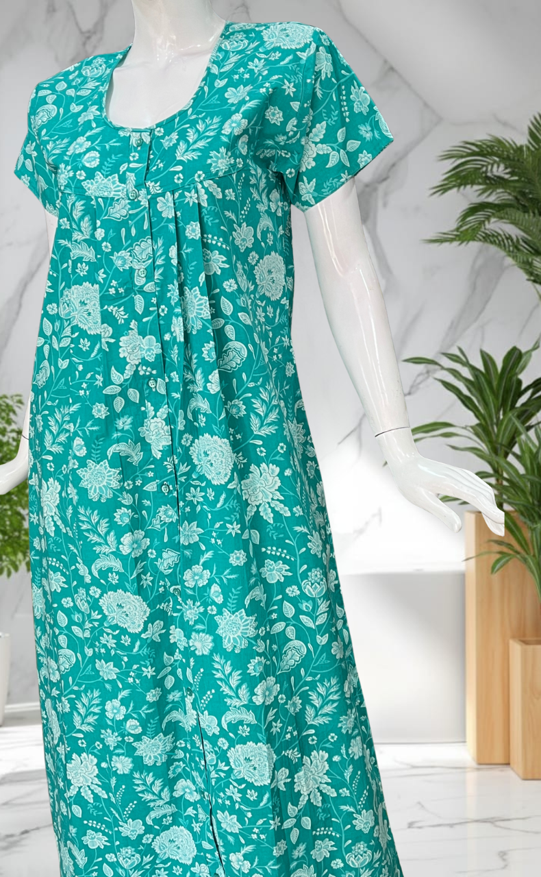 Sea Green Garden Full Open Pure Cotton Nighty. Pure Cotton | Laces and Frills