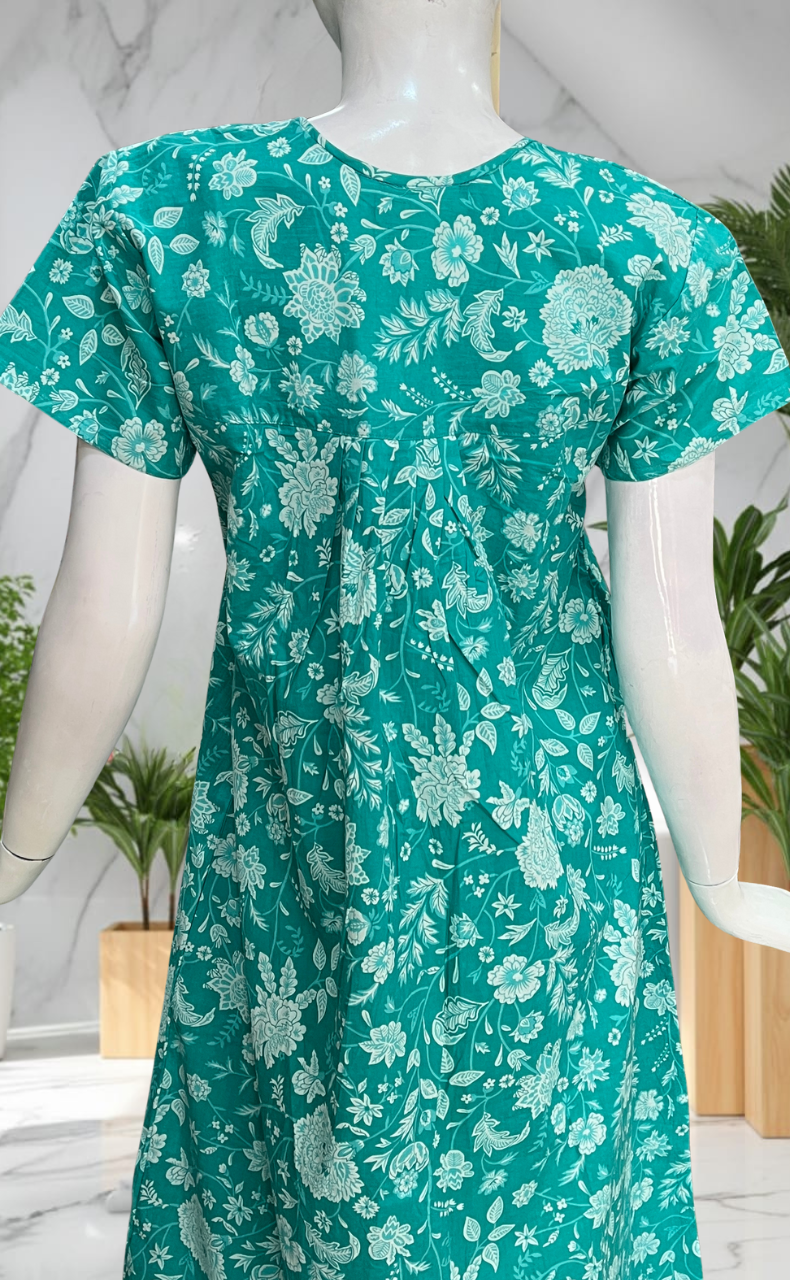 Sea Green Garden Full Open Pure Cotton Nighty. Pure Cotton | Laces and Frills