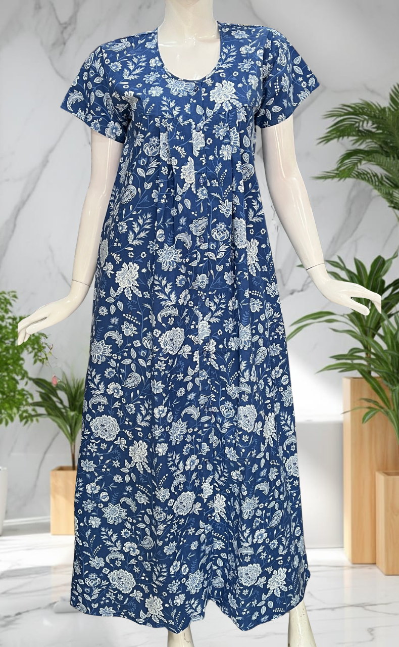 Blue Garden Full Open Pure Cotton Nighty. Pure Cotton | Laces and Frills