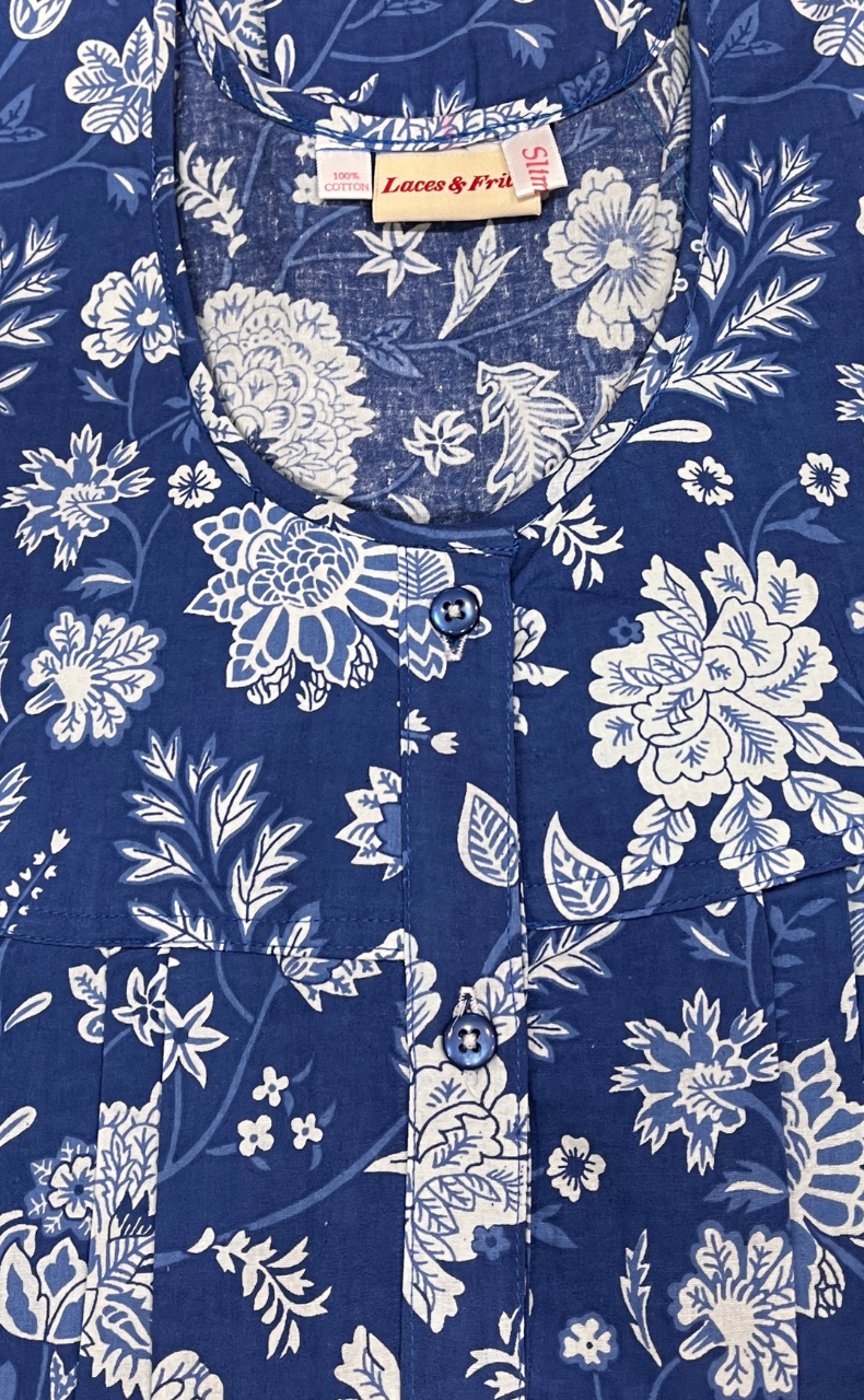Blue Garden Full Open Pure Cotton Nighty. Pure Cotton | Laces and Frills