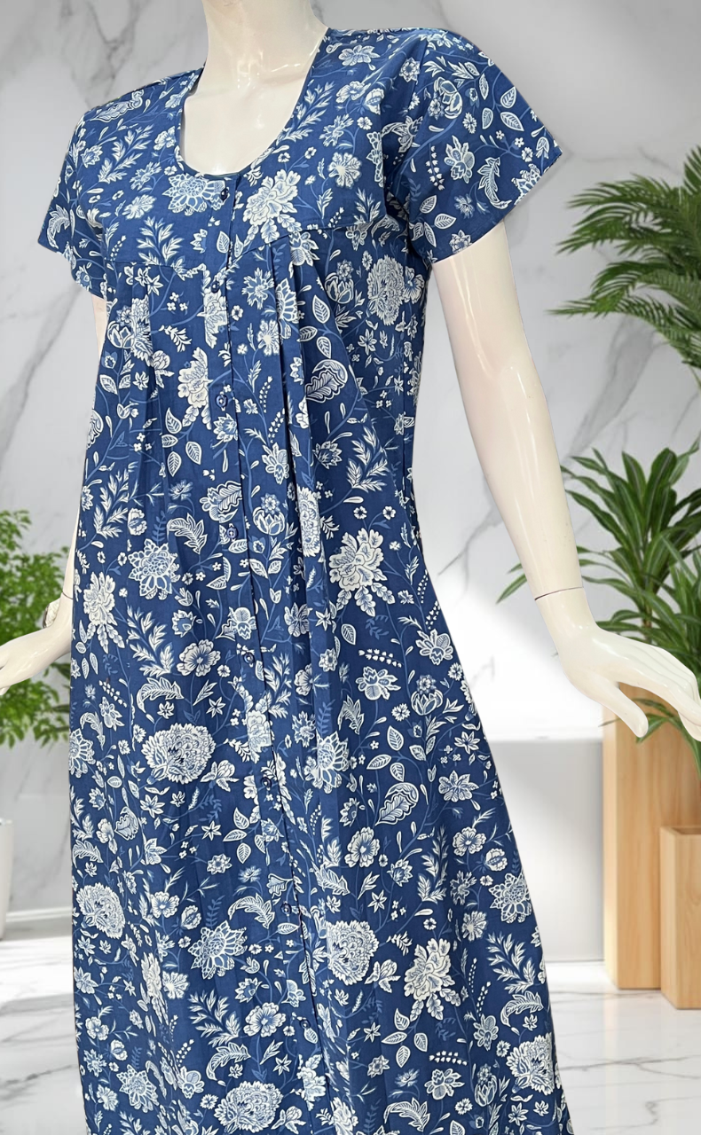 Blue Garden Full Open Pure Cotton Nighty. Pure Cotton | Laces and Frills