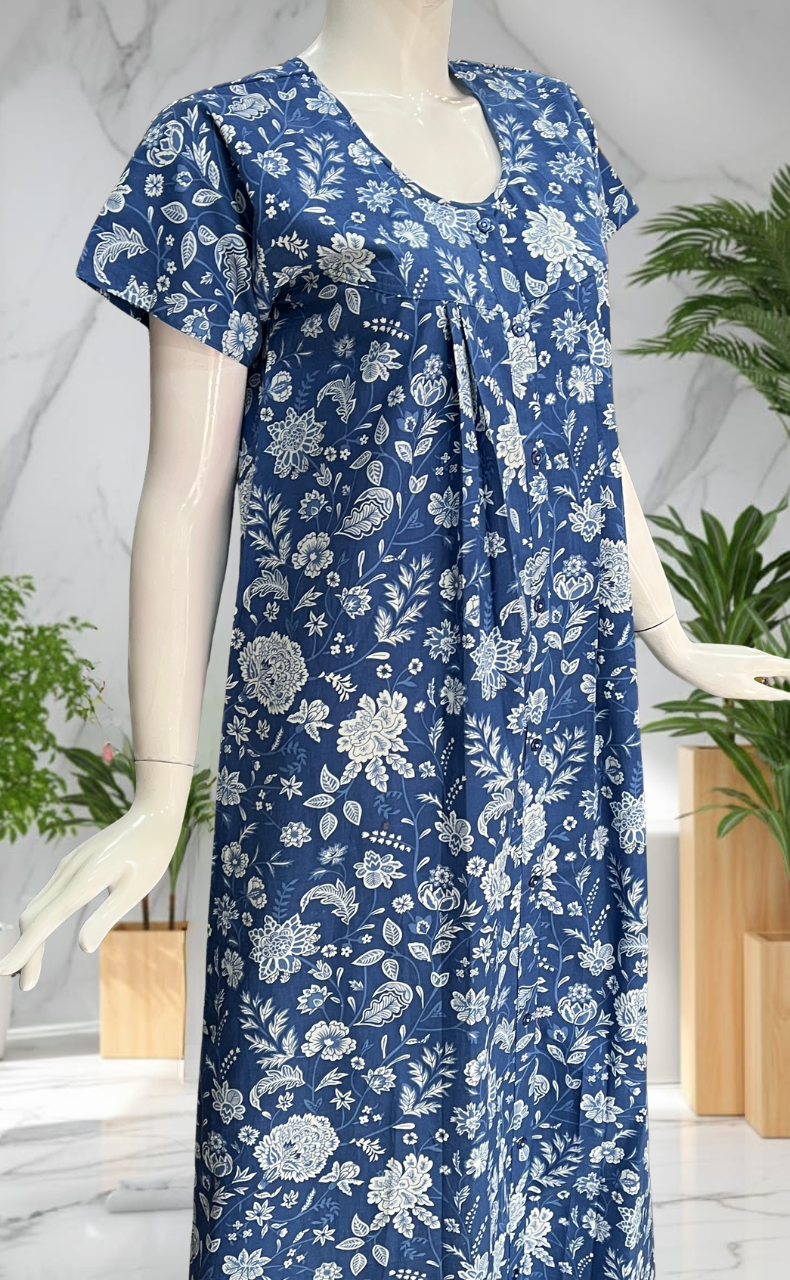 Blue Garden Full Open Pure Cotton Nighty. Pure Cotton | Laces and Frills