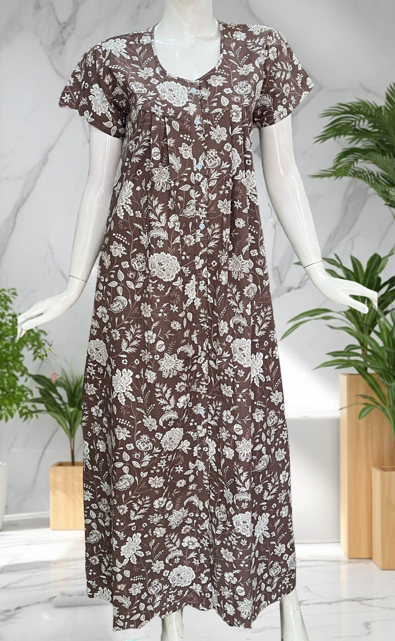 Brown Garden Full Open Pure Cotton Nighty. Pure Cotton | Laces and Frills